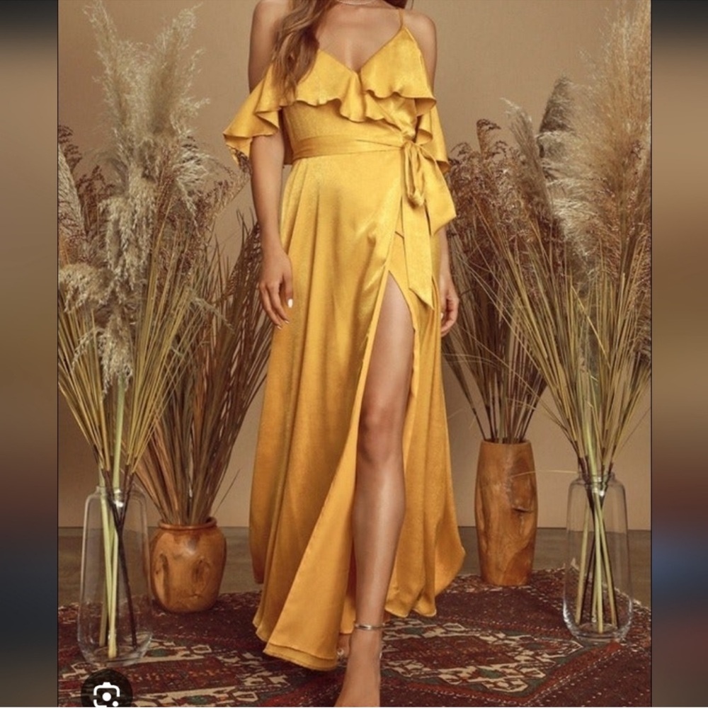 Lulu's Mustard Yellow Ruffle Wrap Maxi Dress - Picture 4 of 4